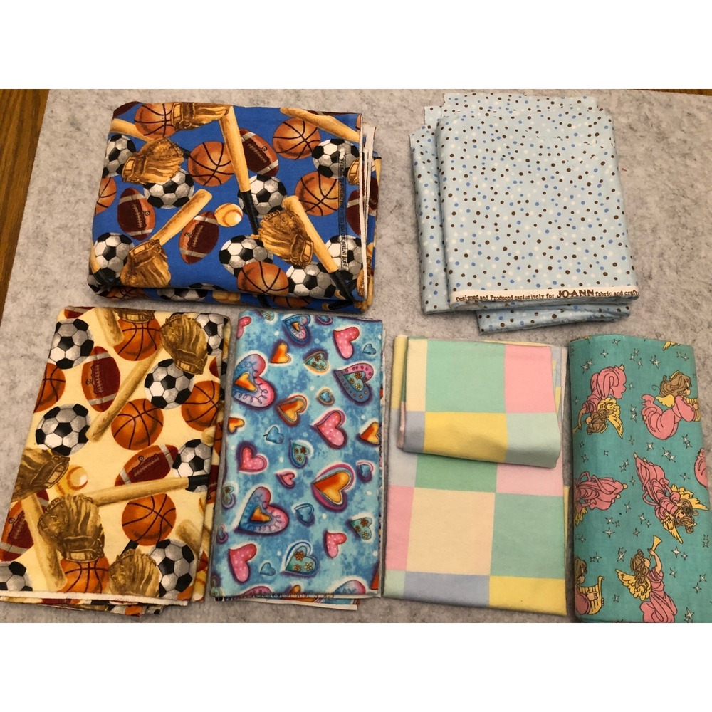 New Flannel Fabric Lot 2 lbs 5 oz Mixed Themes Sports Hearts Polka Dot Destash